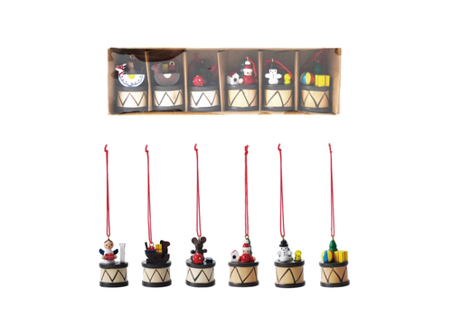  Creative Co-Op 2"H Wood Holiday Drum Orns Boxed Set of 6 