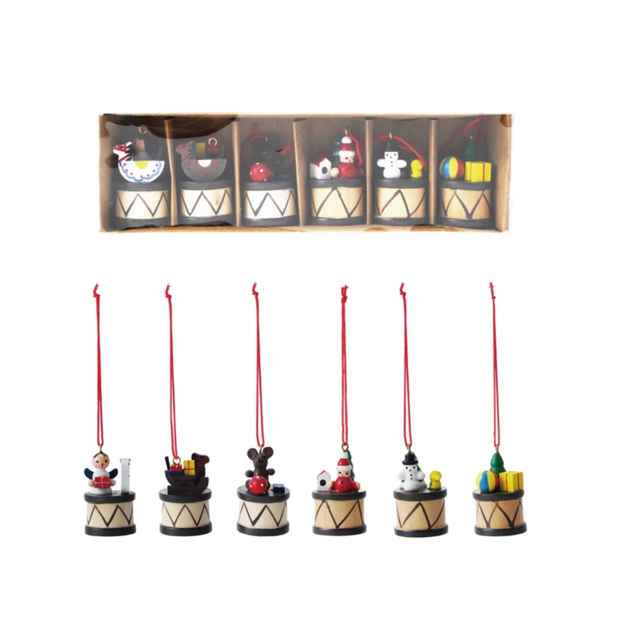 2"H Wood Holiday Drum Orns Boxed Set of 6