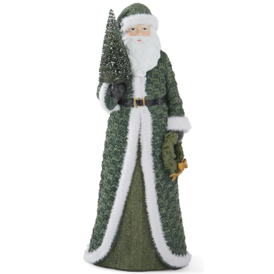 Santa with Green Coat & Bottle Brush Tree