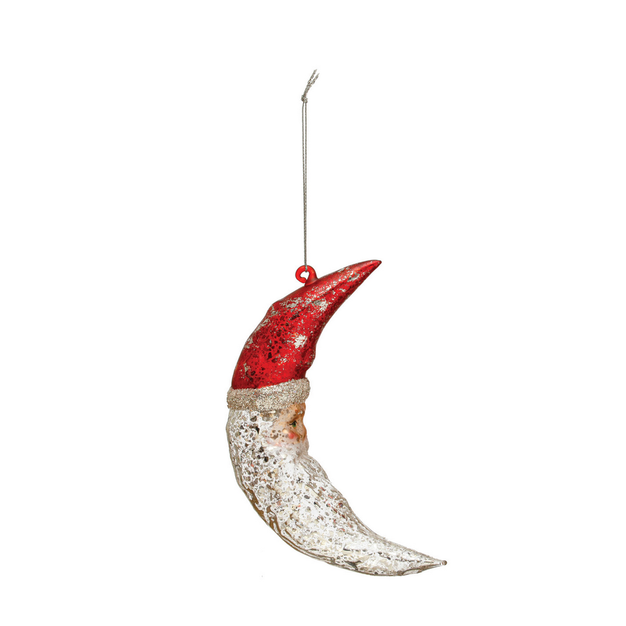 Red/Silver Mercury Glass Santa Moon Ornament