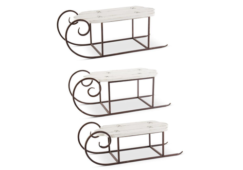  K & K Interiors Inc Whitewashed Wood Sled with Rust Colored Runners 