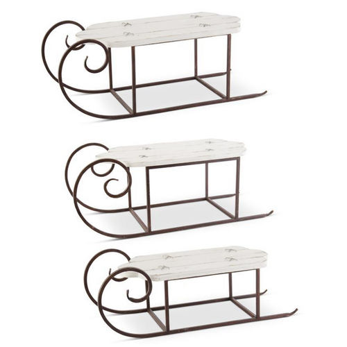  K & K Interiors Inc Whitewashed Wood Sled with Rust Colored Runners 