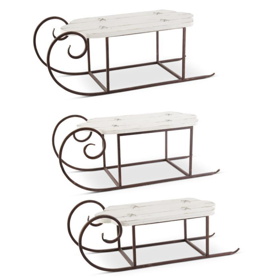 Whitewashed Wood Sled with Rust Colored Runners