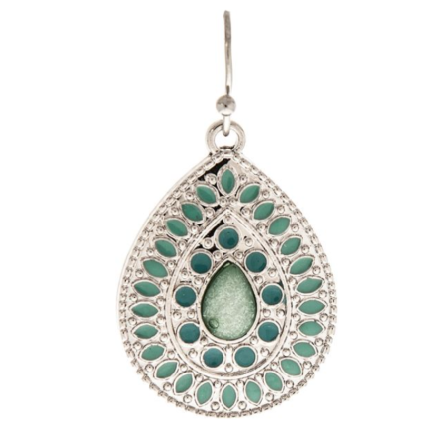 Silver Teal Ornate Teardrop Earrings
