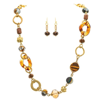 Gold Brown Stone & Glass Circles Link Necklace Set