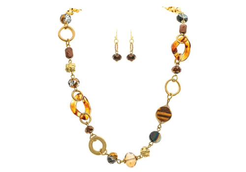  Rain Jewelry Collection Gold Brown Stone & Glass Circles Link Necklace Set 