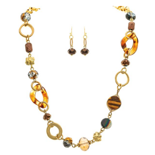  Rain Jewelry Collection Gold Brown Stone & Glass Circles Link Necklace Set 