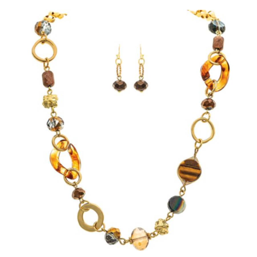 Gold Brown Stone & Glass Circles Link Necklace Set