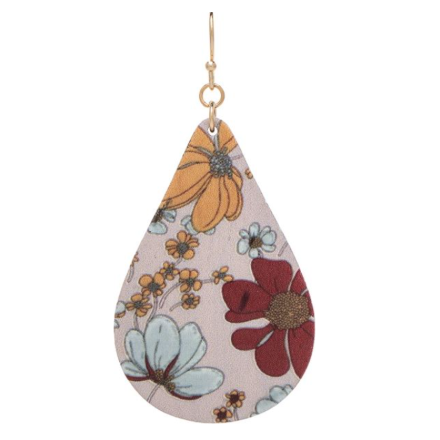 Gold Pink Red Yellow Flower Print Wood Earrings