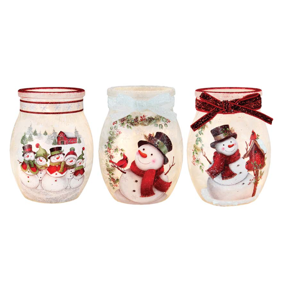 Happy Snowman Pre-Lit Small Jar with Ribbon