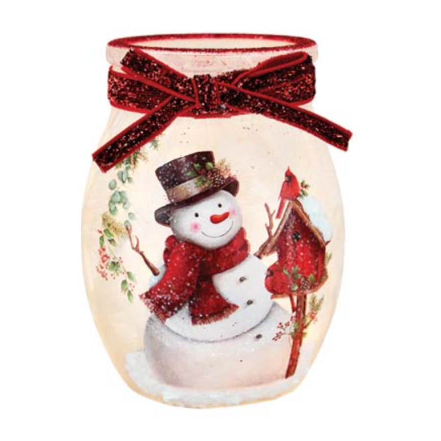 Happy Snowman Pre-Lit Small Jar with Ribbon