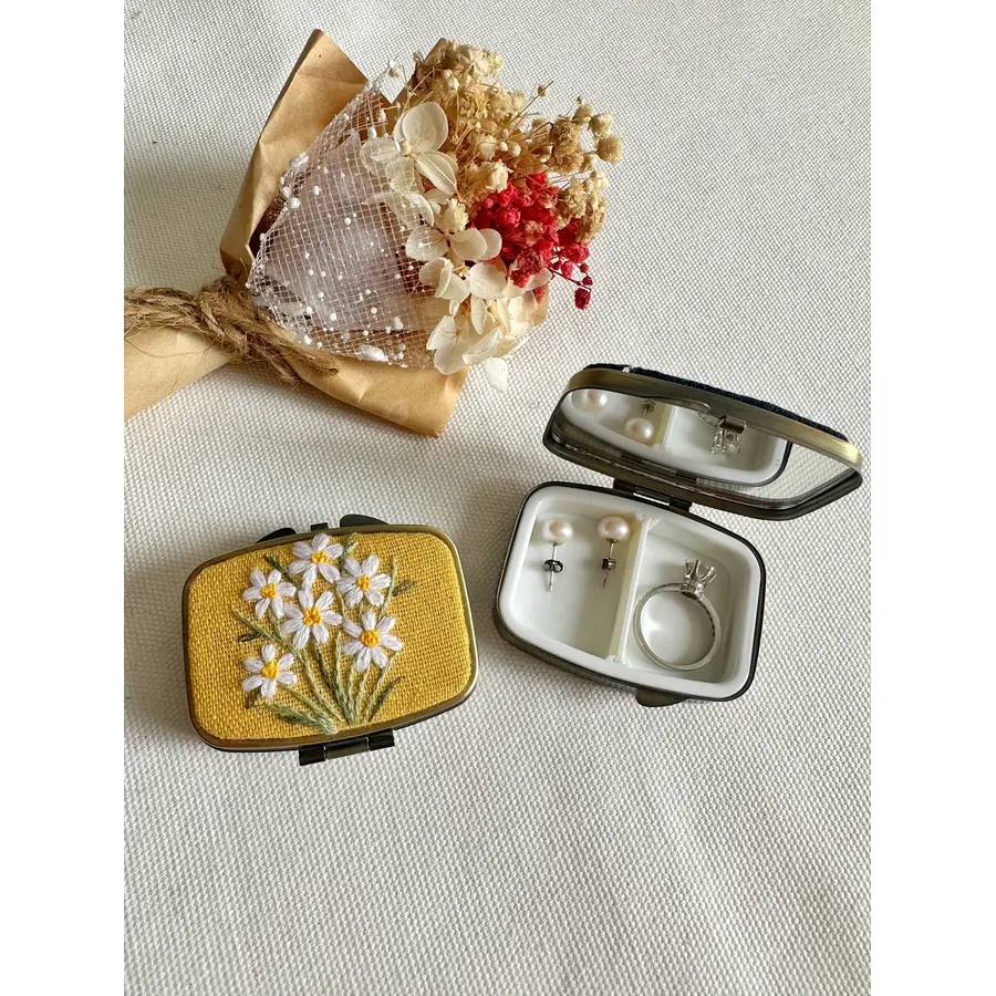 Floral Embroidered Rectangle Mini Jewelry Box with Mirror