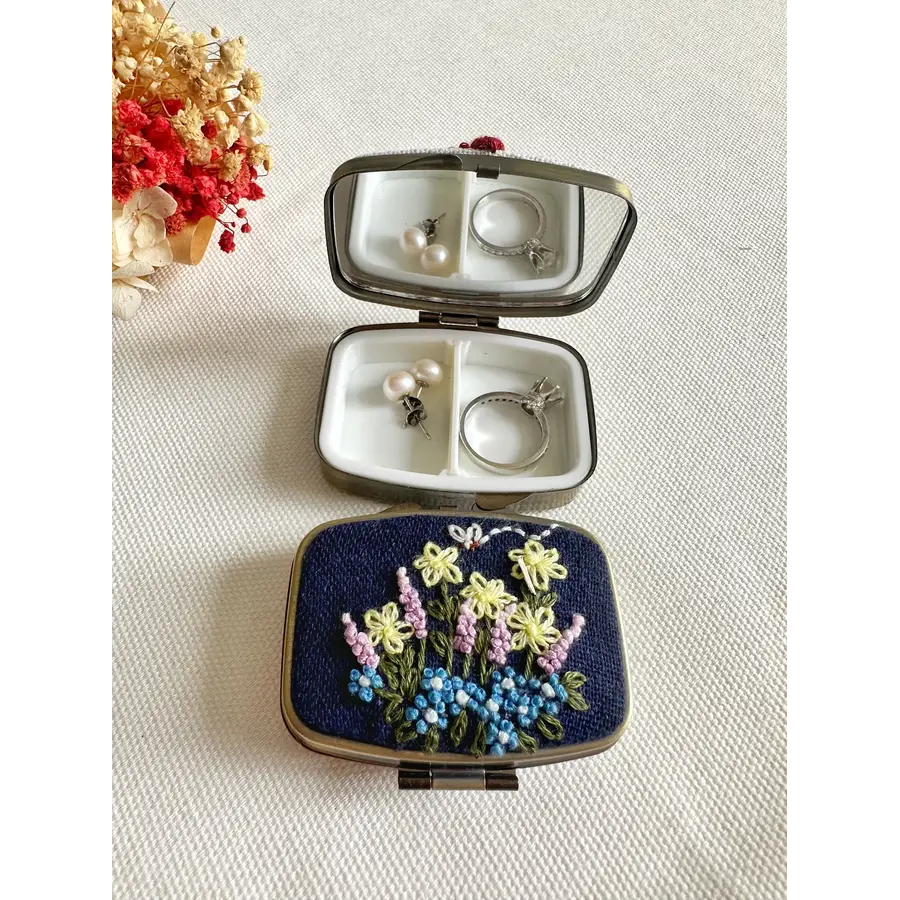 Floral Embroidered Rectangle Mini Jewelry Box with Mirror