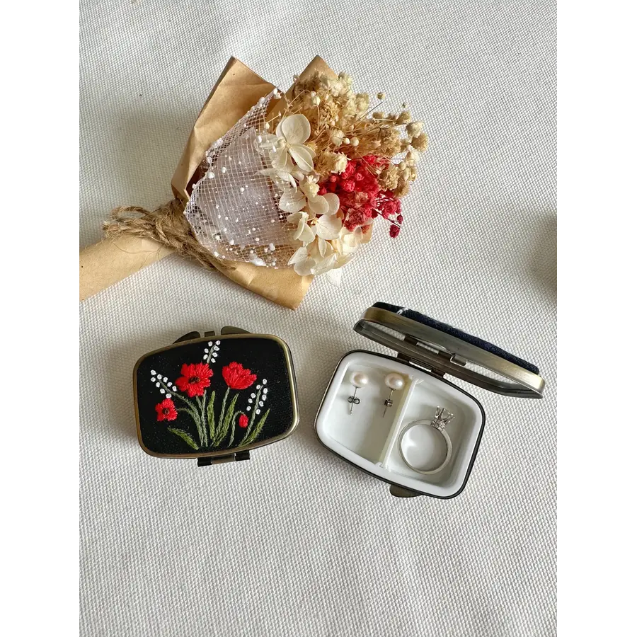 Floral Embroidered Rectangle Mini Jewelry Box with Mirror