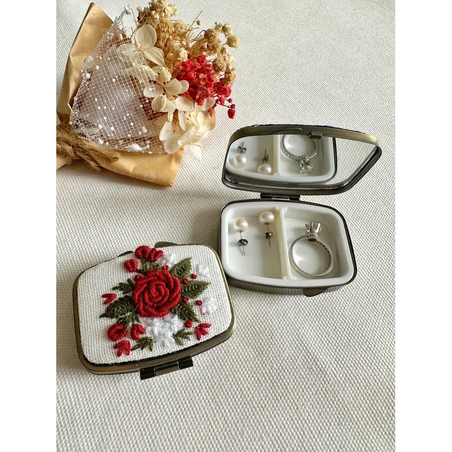 Floral Embroidered Rectangle Mini Jewelry Box with Mirror