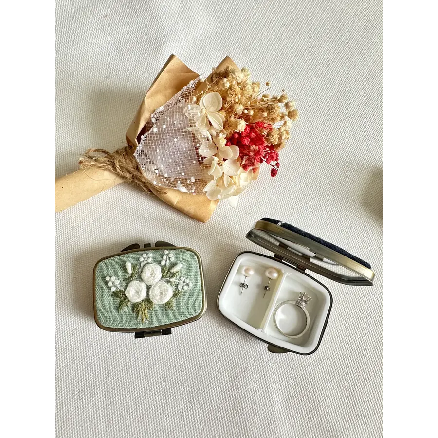 Floral Embroidered Rectangle Mini Jewelry Box with Mirror