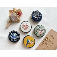 Floral Embroidered Round Jewelry Box with Mirror