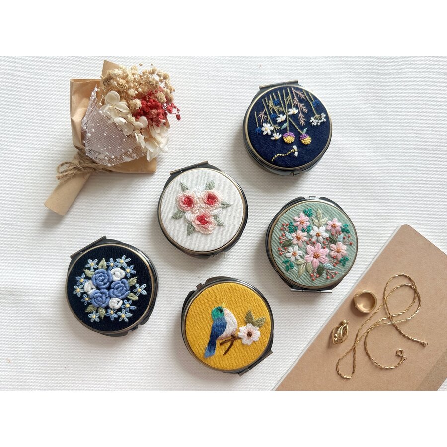 Floral Embroidered Round Jewelry Box with Mirror