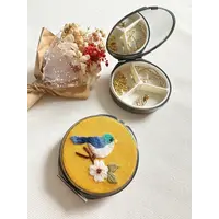 Floral Embroidered Round Jewelry Box with Mirror