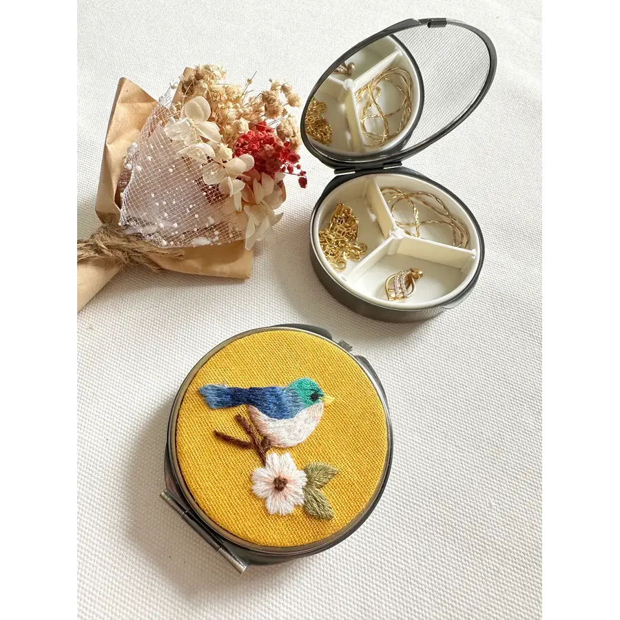 Floral Embroidered Round Jewelry Box with Mirror