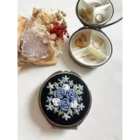 Floral Embroidered Round Jewelry Box with Mirror