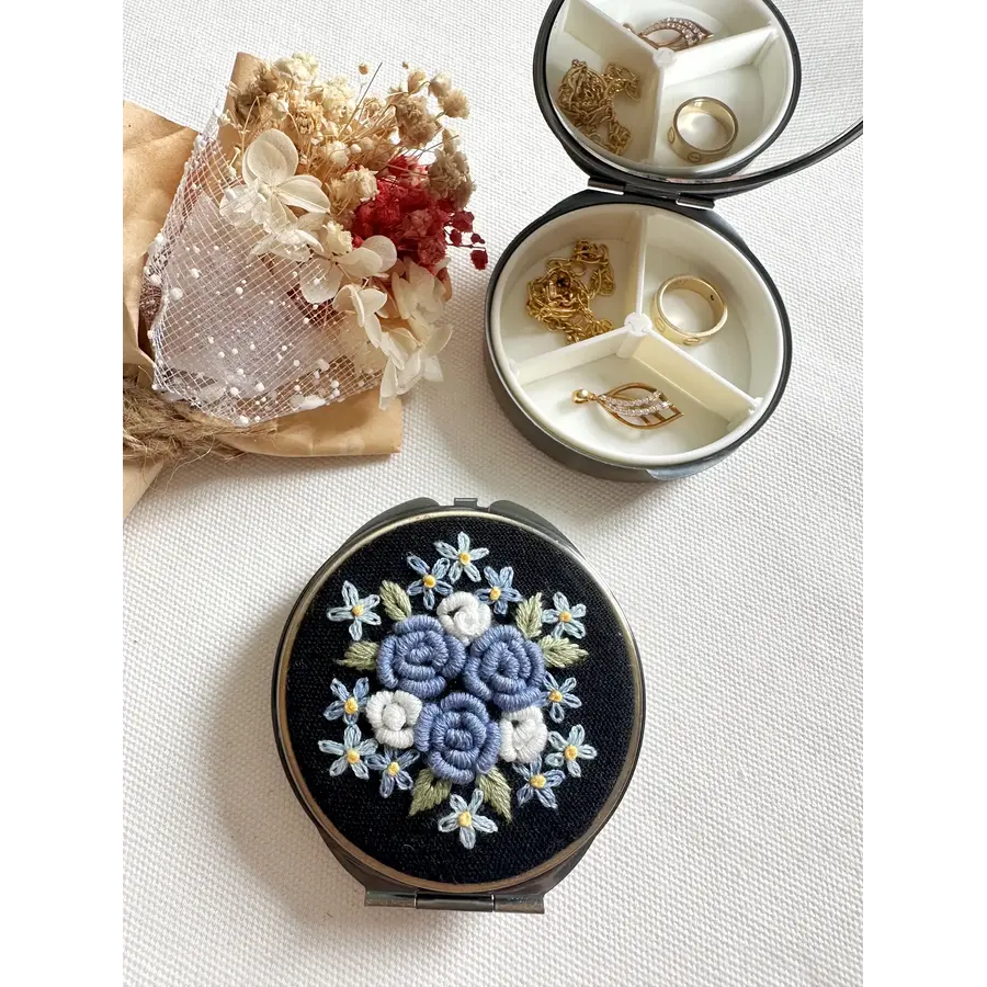 Floral Embroidered Round Jewelry Box with Mirror