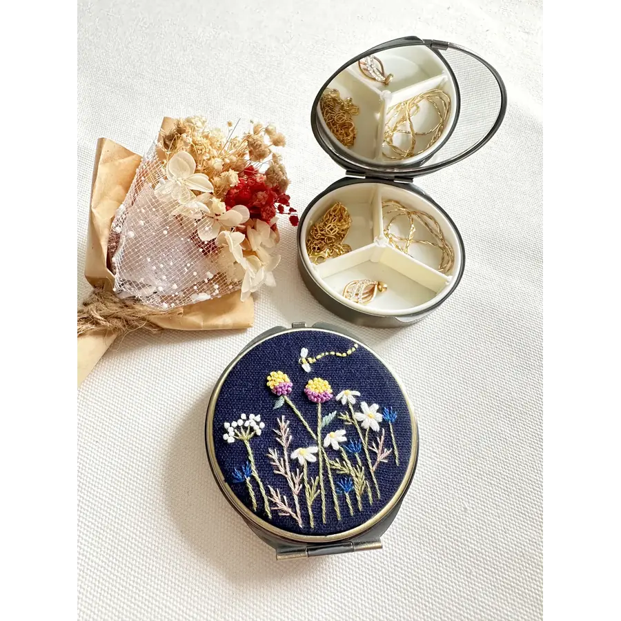 Floral Embroidered Round Jewelry Box with Mirror