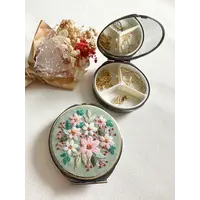 Floral Embroidered Round Jewelry Box with Mirror
