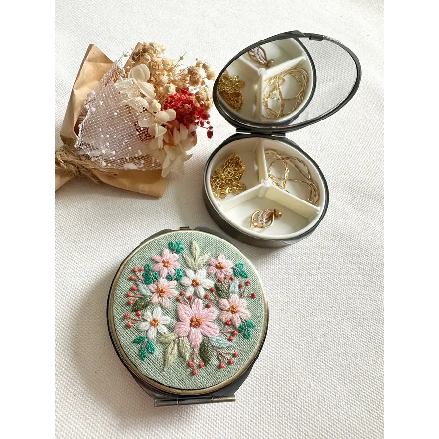 Floral Embroidered Round Jewelry Box with Mirror