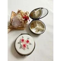 Floral Embroidered Round Jewelry Box with Mirror