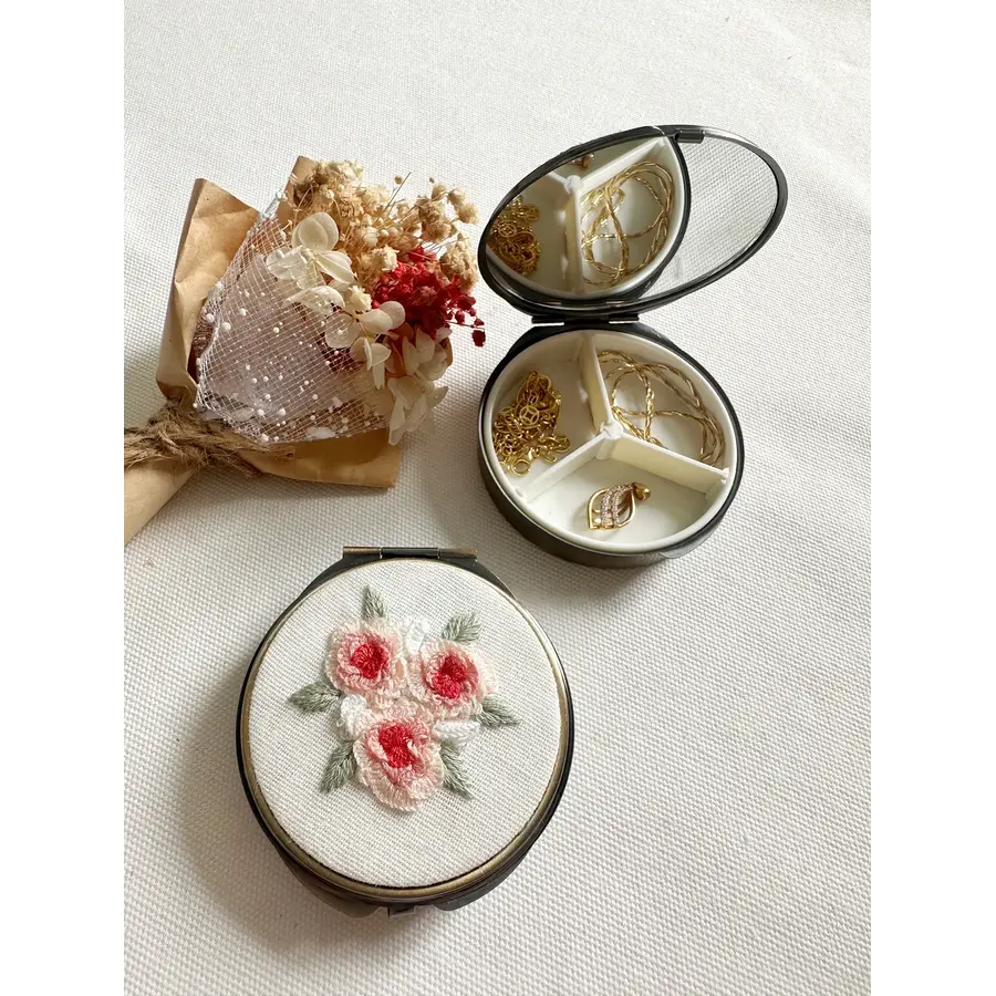 Floral Embroidered Round Jewelry Box with Mirror