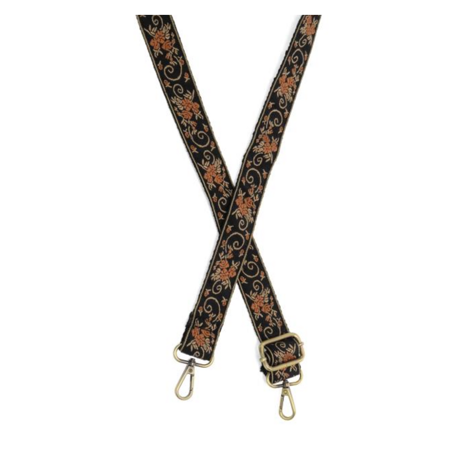 1.2" Tan Scrolling Floral Embroidered Guitar Strap
