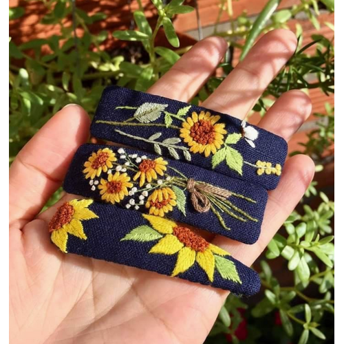  Quince Fables Sunflower Bouquet Embroidered Hair Barrette 