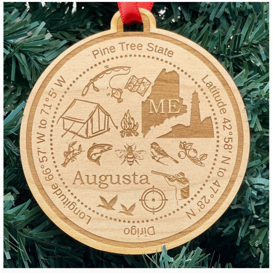 Maine Round Wood Christmas Ornament