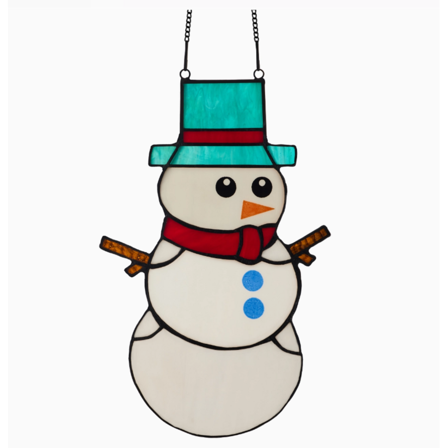 12"H Spirited Snowman Stained Glass Window Panel