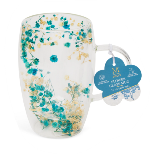  Core Home Glass Mug Blue & Cream Flowers 