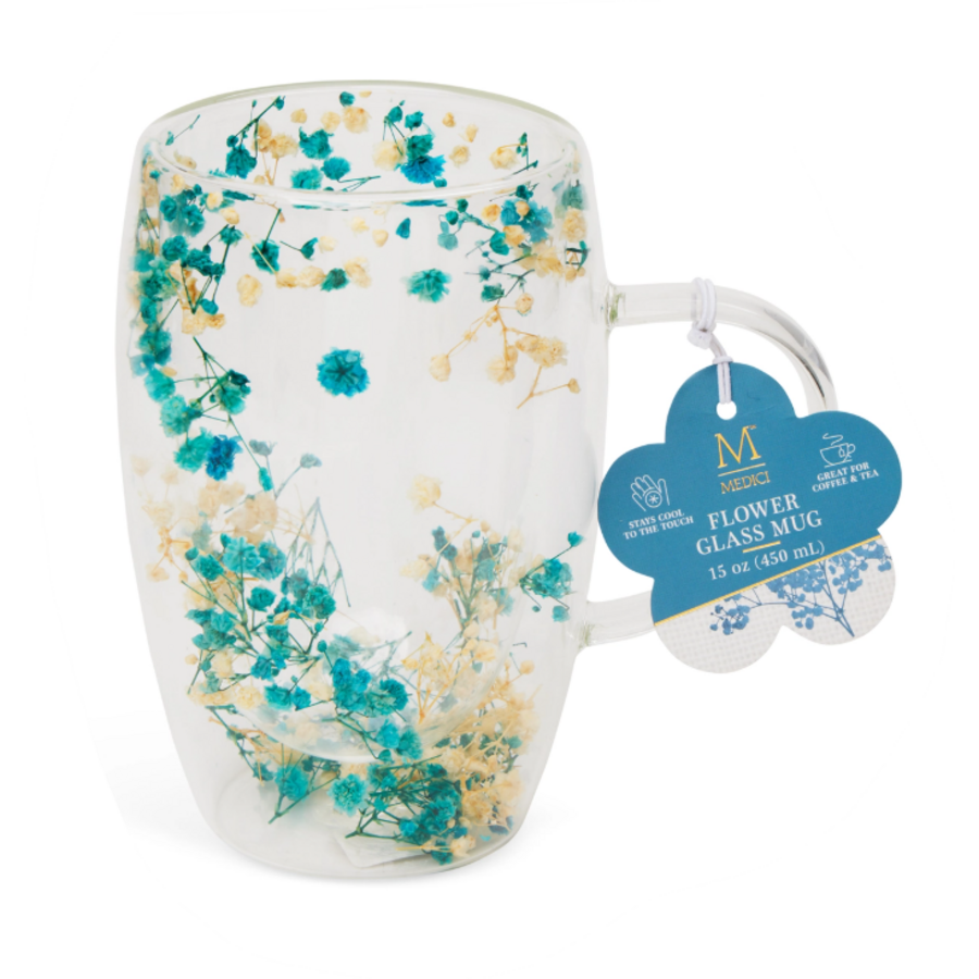 Glass Mug Blue & Cream Flowers