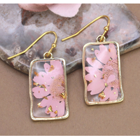 Pink Dried Flower Rectangle Gold Earrings