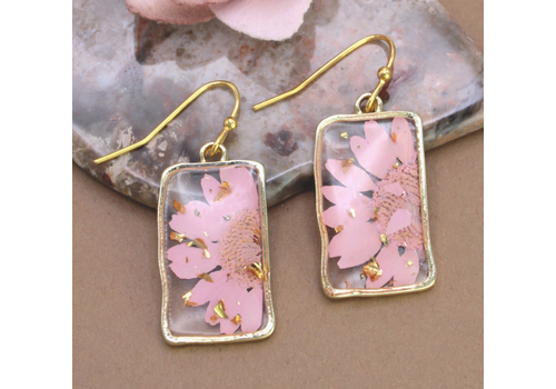  ZAD Pink Dried Flower Rectangle Gold Earrings 