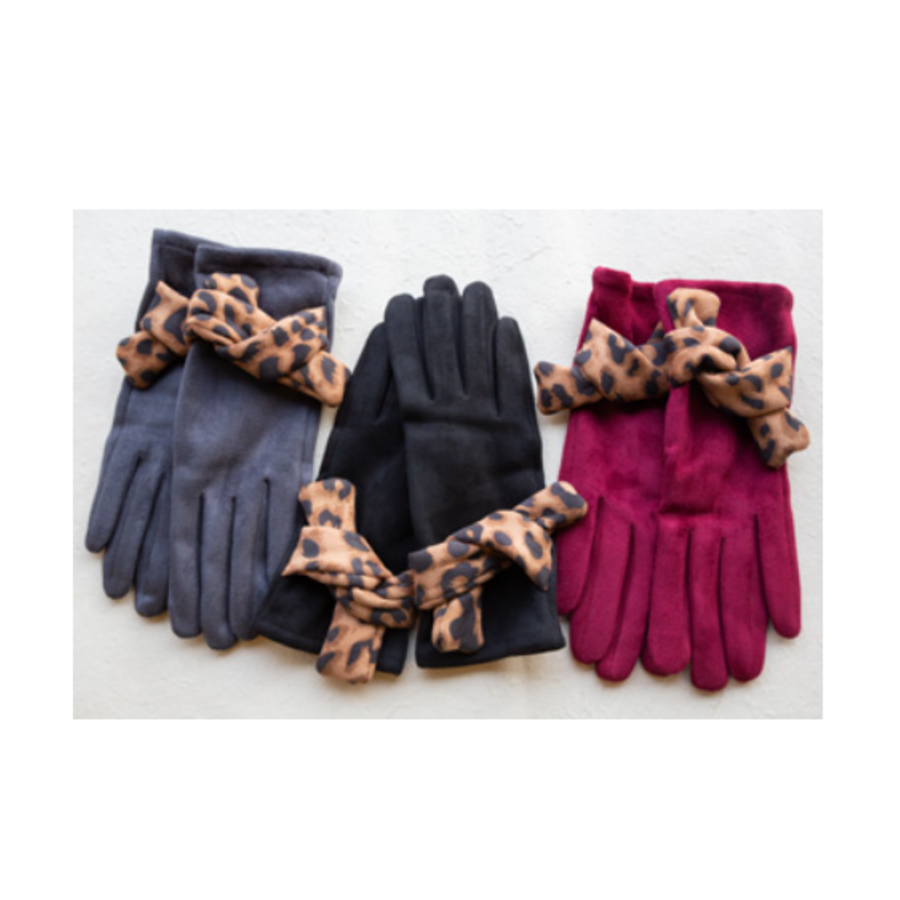 Microsuede Leopard Bow Twist Gloves