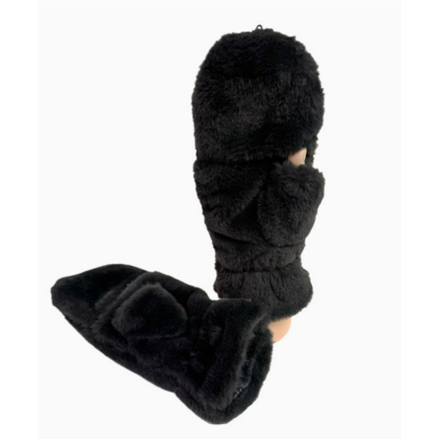 Faux Fur 2-in-1 Fingerless Mittens Black