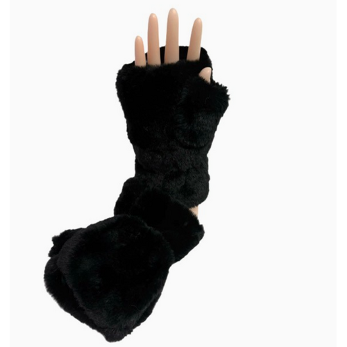  Shihreen Faux Fur 2-in-1 Fingerless Mittens Black 