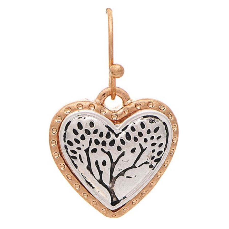 Two Toned Engraved Tree Heart Earrings