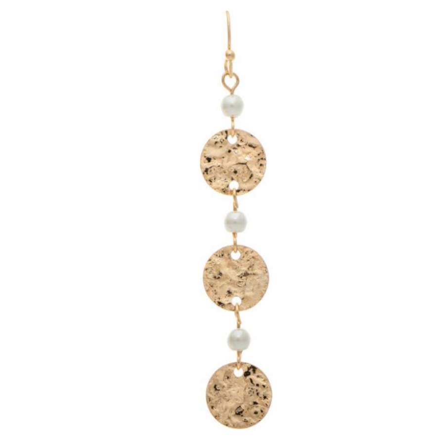 Gold Faux Pearl Hammered Disc Link Earrings