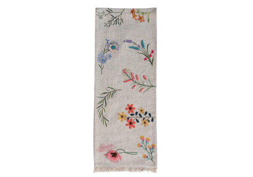  Creative Co-Op Printed Table Runner with Flowers, Embroidery & Fringe 