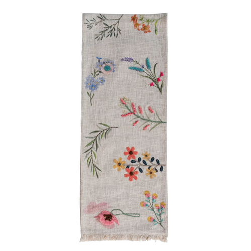  Creative Co-Op Printed Table Runner with Flowers, Embroidery & Fringe 