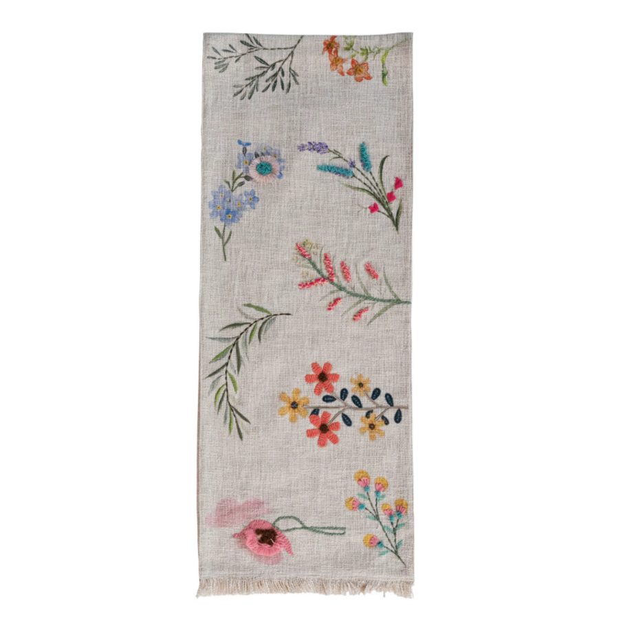 Printed Table Runner with Flowers, Embroidery & Fringe