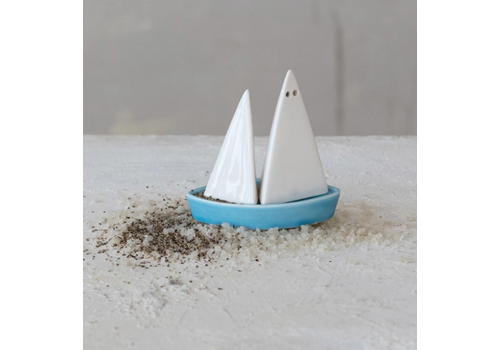  Creative Co-Op Stoneware Sail Shaped Salt & Pepper Shaker Set 