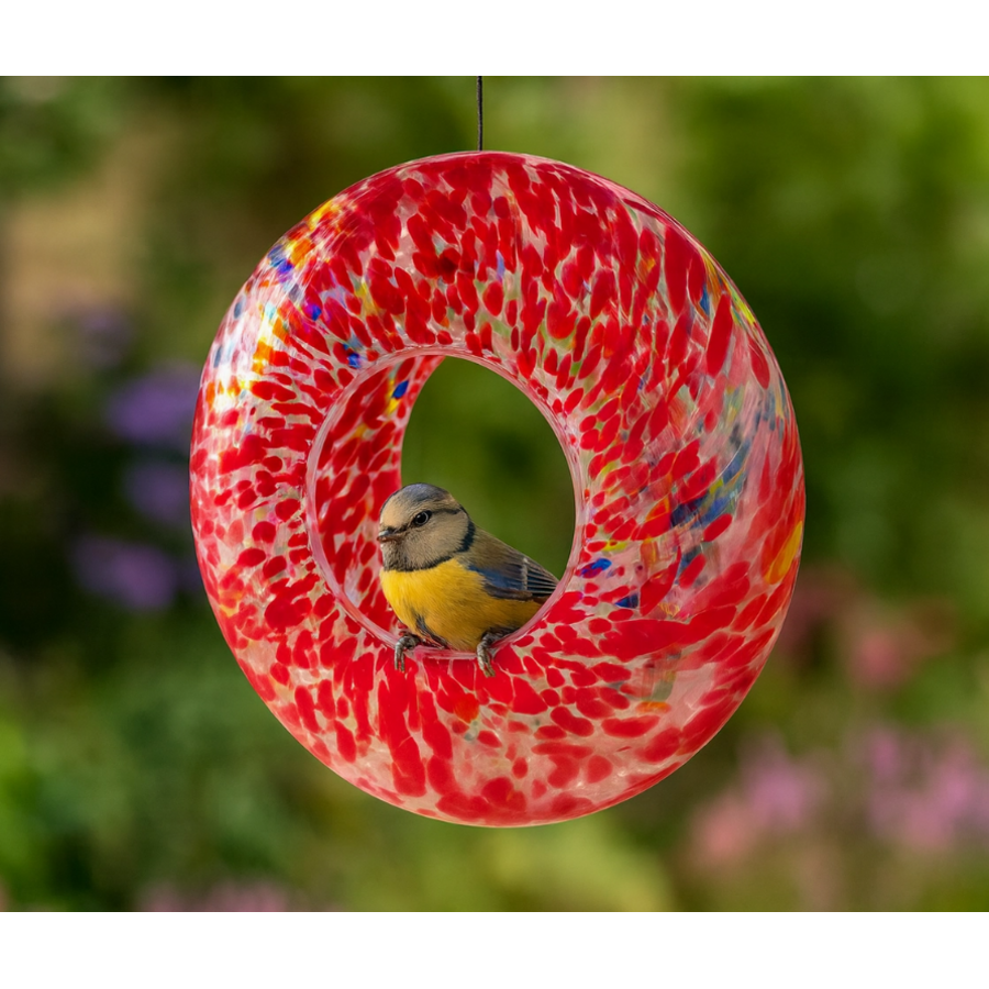 Handblown Glass Hanging Bird Feeder Red