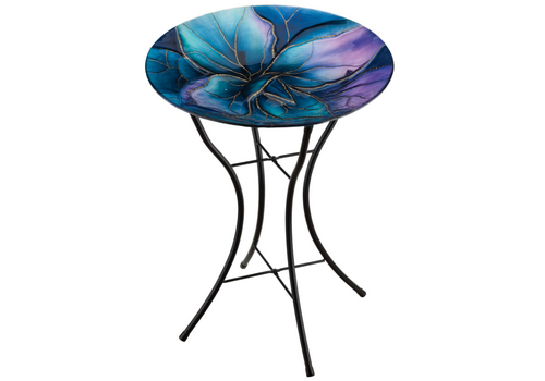  18" Glass Birdbath with Stand Swirl Blue 